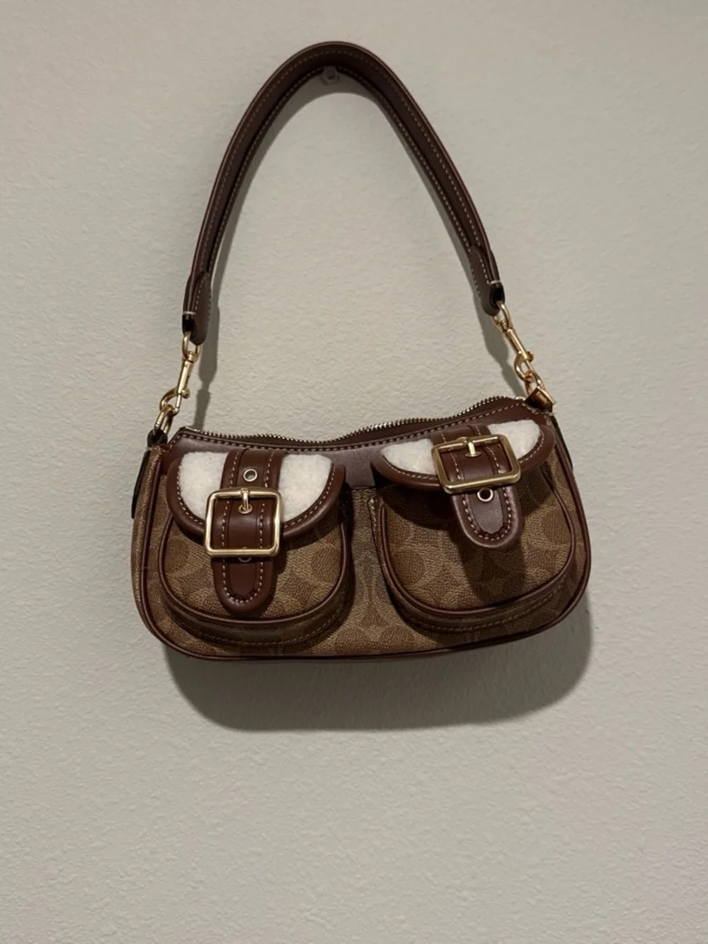 Coach Brown Signature Canvas Shoulder Bag with Dark Brown Leather Trim